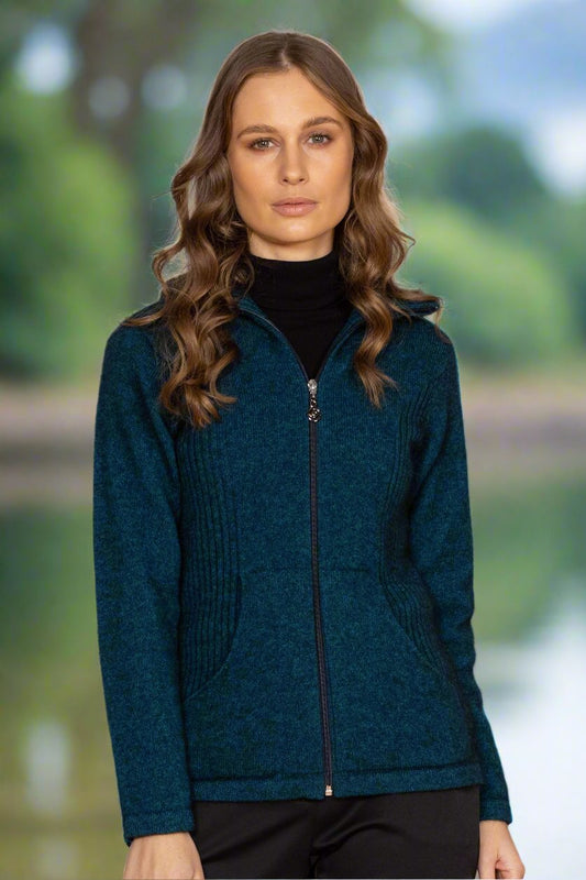 The ultimate in comfort and elegance the Market Day Jacket offers full zip and integrated pockets. The turndown rib collar that can also be zipped right up for extra warmth. Ribbed side panels add a little extra wow to an already beautiful jacket. Made in Christchurch, NZ by Noble Wilde. Tui.