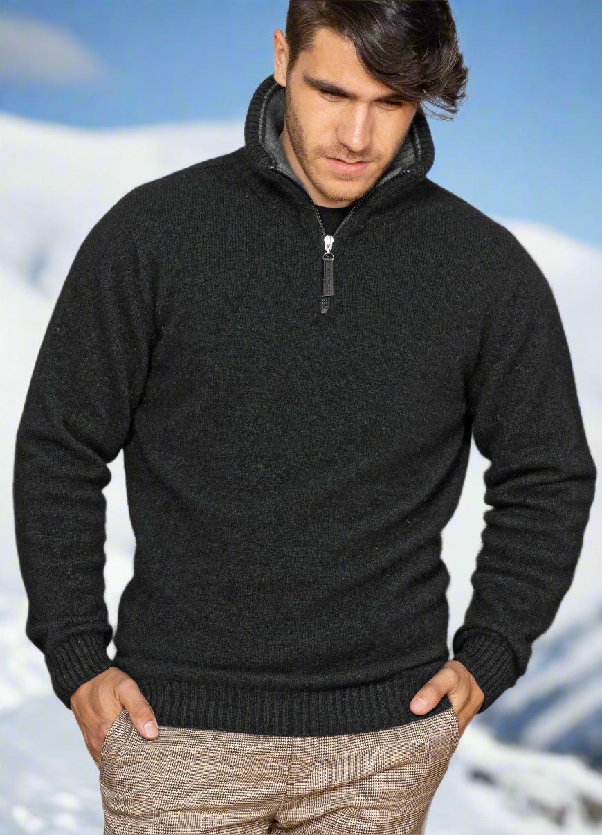 This classic zip neck sweater with solid colour body and contrast colour inside the rib collar. The collar can be turned down or zipped right up. Single jersey knit, WholeGarment seamless construction. Made from a blend of possum merino and available sizes: S - 3XL. Made in Christchurch, NZ by Noble Wilde. Charcoal.