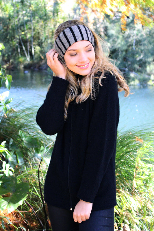 This versatile headband can be worn as plain or striped. Knitted in a double thickness this band is warm as well as fashionable.  Black/Silver.