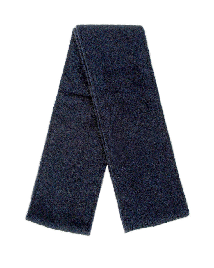 A luxurious double thickness scarf with narrow rib bands. A generous length at 175cm long & 14cm wide. Possum merino blend scarf made in NZ by Lothlorian. Midnight.