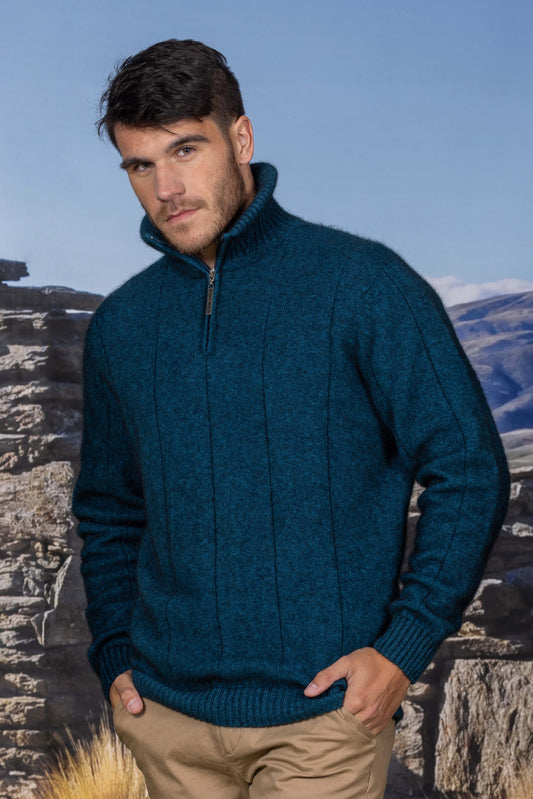 The ultimate in comfort, this style of half-zip sweater with turndown rib collar that can be zipped right up. Single jersey knit, WholeGarment seamless construction. Made from a blend of possum merino and available sizes: S - 4XL. Made in Christchurch, NZ by Noble Wilde. Tui.