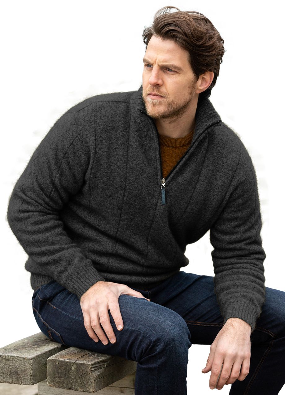 The ultimate in comfort, this style of half-zip sweater with turndown rib collar that can be zipped right up. Single jersey knit, WholeGarment seamless construction. Made from a blend of possum merino and available sizes: S - 4XL. Made in Christchurch, NZ by Noble Wilde. Charcoal.