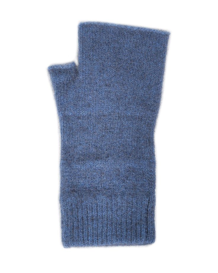 Ideal for wearing anytime and anywhere. Fingerless mittens are light, warm and practical. One size fits most with Lycra added to the wrist area for a secure fit. Made in NZ by Lothlorian. Light Blue.