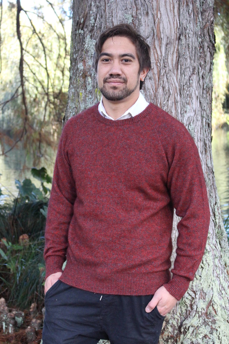 A classic crew neck style made from possum merino, with rib finish on neck, cuff and band. A wardrobe staple for year-round wear. Dress up or down. Available in sizes S, M, L, XL, XXL. Made in NZ by Lothlorian. Rust.