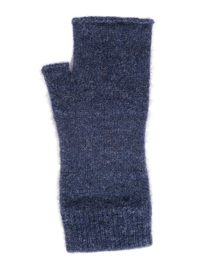 Ideal for wearing anytime and anywhere. Fingerless mittens are light, warm and practical. One size fits most with Lycra added to the wrist area for a secure fit. Made in NZ by Lothlorian. Denim.