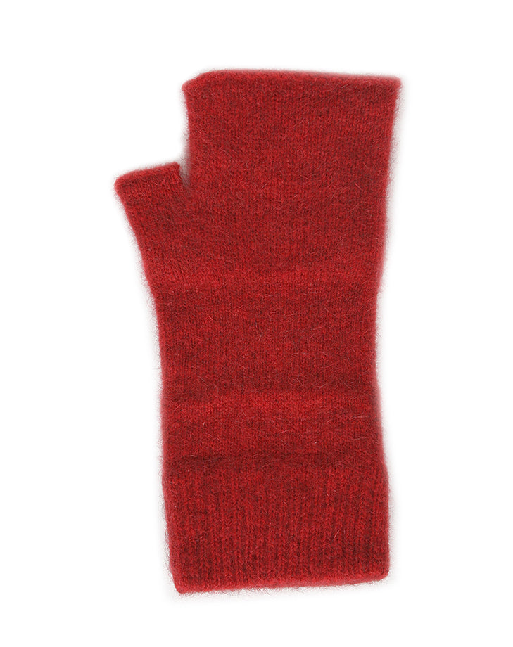 Ideal for wearing anytime and anywhere. Fingerless mittens are light, warm and practical. One size fits most with Lycra added to the wrist area for a secure fit. Made in NZ by Lothlorian. Red.