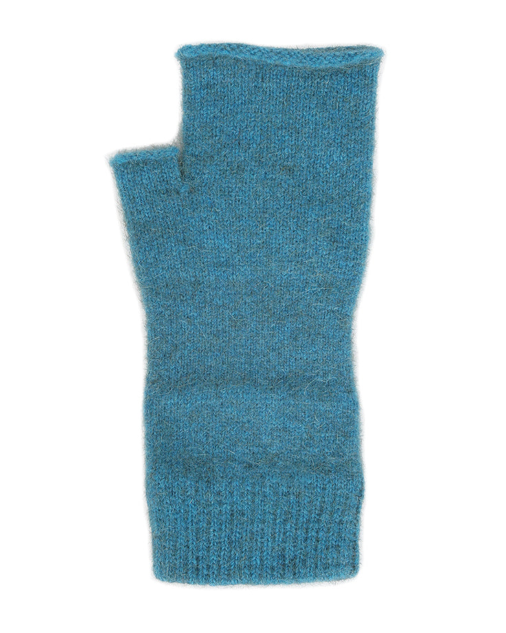 Ideal for wearing anytime and anywhere. Fingerless mittens are light, warm and practical. One size fits most with Lycra added to the wrist area for a secure fit. Made in NZ by Lothlorian. Teal.