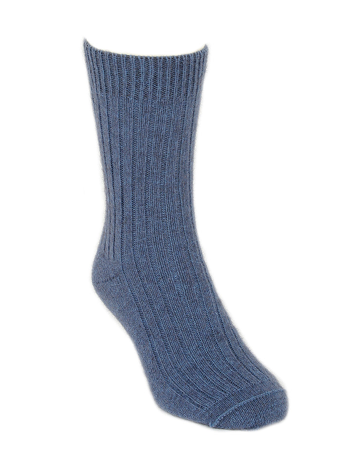 The casual rib socks are so comfy and warm. They are a mid-calf length and are available in S, M & L. Made in NZ by Lothlorian. Light Blue.