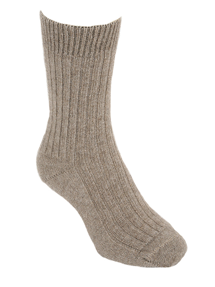 The casual rib socks are so comfy and warm. They are a mid-calf length and are available in S, M & L. Made in NZ by Lothlorian. Natural.