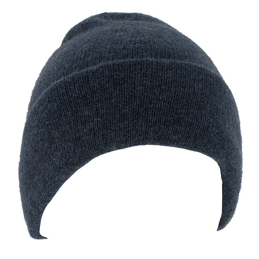 A double thickness beanie with a turn back. For a slouchier look roll down the turn back. Super warm in lots of colours. Made in NZ by Lothlorian. Denim.