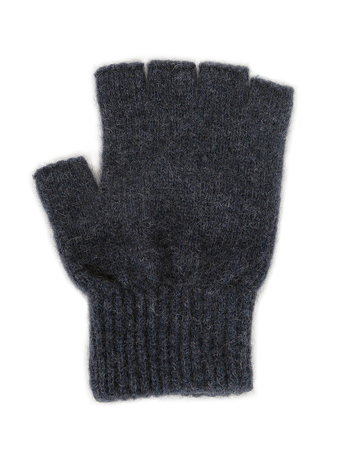 Single thickness gloves with elasticated rib cuff and open fingers from just below the knuckle. In sizes S, M or L. Made in NZ by Lothlorian. Denim.