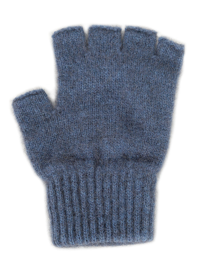 Single thickness gloves with elasticated rib cuff and open fingers from just below the knuckle. In sizes S, M or L. Made in NZ by Lothlorian. Light Blue.