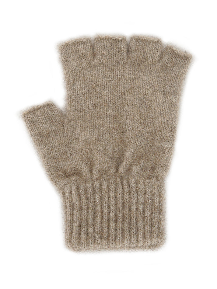 Single thickness gloves with elasticated rib cuff and open fingers from just below the knuckle. In sizes S, M or L. Made in NZ by Lothlorian. Natural.