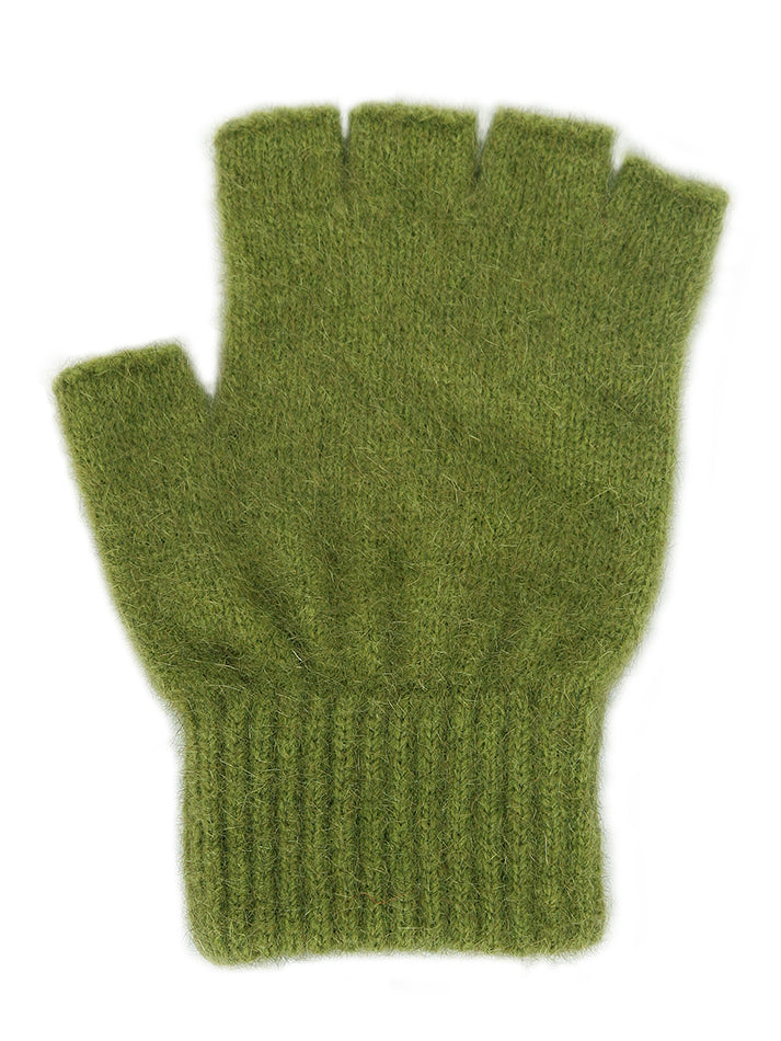 Single thickness gloves with elasticated rib cuff and open fingers from just below the knuckle. In sizes S, M or L. Made in NZ by Lothlorian. Olive.