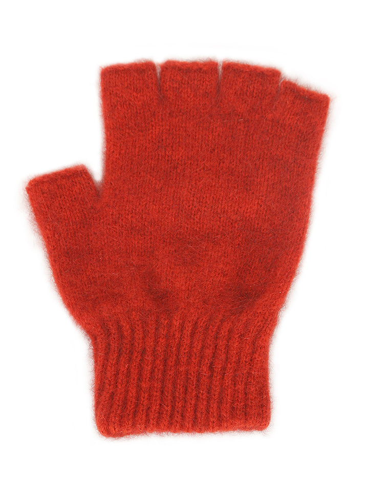 Single thickness gloves with elasticated rib cuff and open fingers from just below the knuckle. In sizes S, M or L. Made in NZ by Lothlorian. Pumpkin.