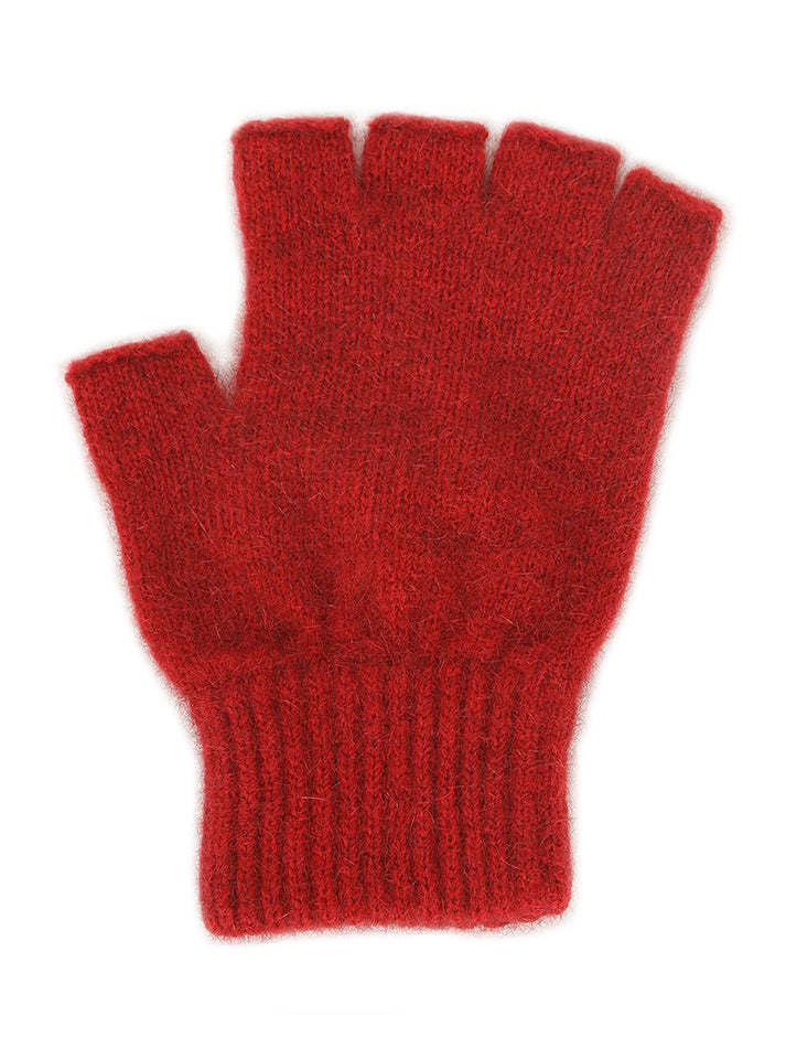 Single thickness gloves with elasticated rib cuff and open fingers from just below the knuckle. In sizes S, M or L. Made in NZ by Lothlorian. Red.