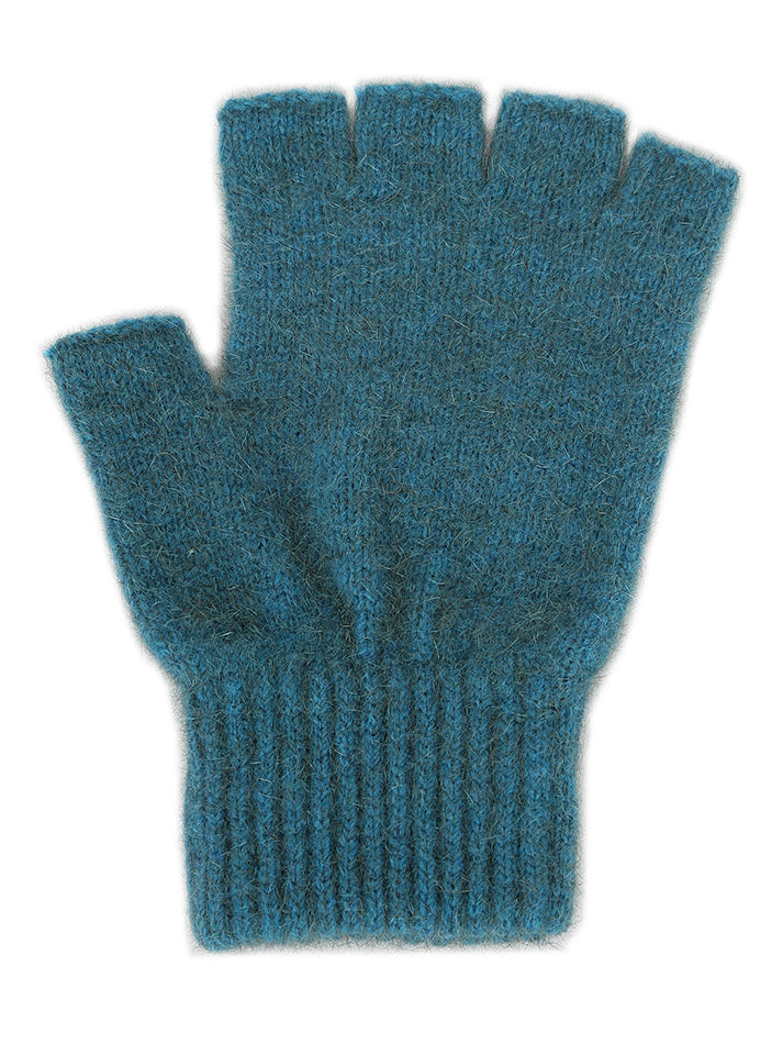 Single thickness gloves with elasticated rib cuff and open fingers from just below the knuckle. In sizes S, M or L. Made in NZ by Lothlorian. Teal.