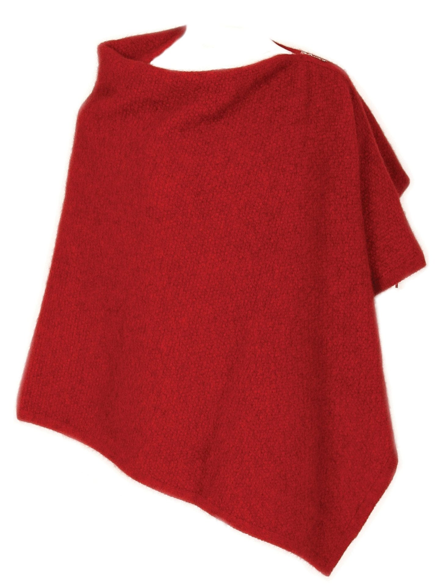 A beautiful textured wrap that can be worn several ways - as a poncho with the zip over the shoulder, zip to the front like a cape, as a wrap or scarf and if you feel a bit daring, a skirt! Available in 12 colourways. Made in NZ by Lothlorian. Red.