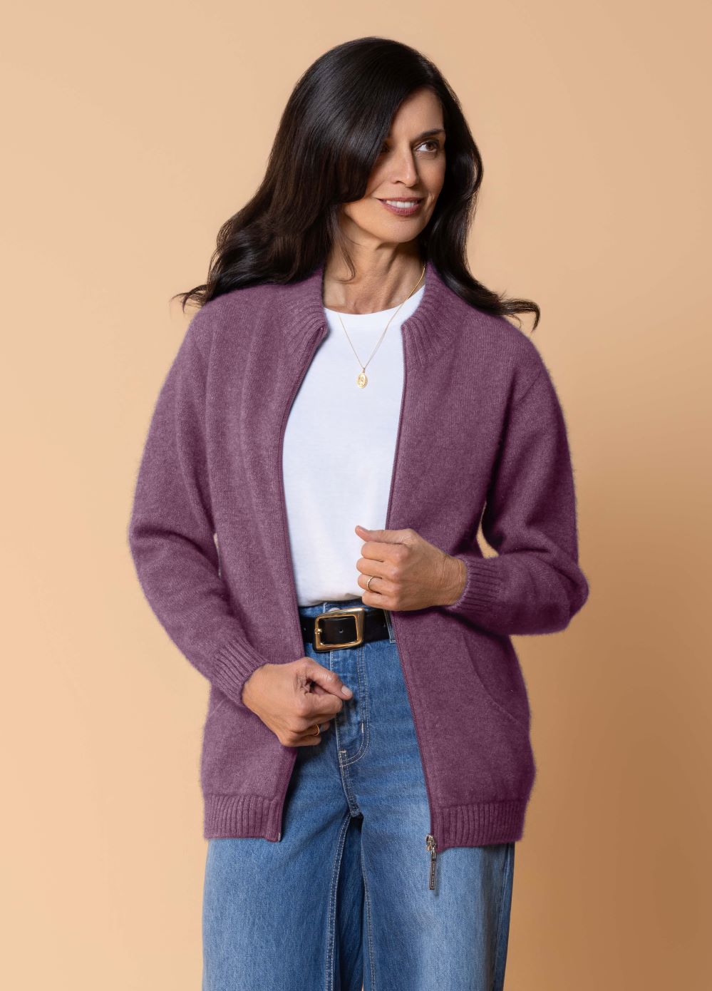 A relaxed, zip-through style designed for effortless layering. With its easy fit and slightly longer length, Aoraki offers added coverage and everyday comfort without compromising on clean, classic lines. Made from a possum, merino and silk blend this jacket is light but very warm. Made by Noble Wilde of NZ.