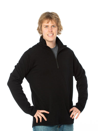 From the new Cape range comes the heavy weight 1/4 zip jersey with collar and zip pockets. Made from a blend of Merino Wool and NZ Strong Wool this garment is designed with a shaped tail to tuck in for extra warmth. 420gsm.  Made in NZ and available in black. Sizes S-3XL