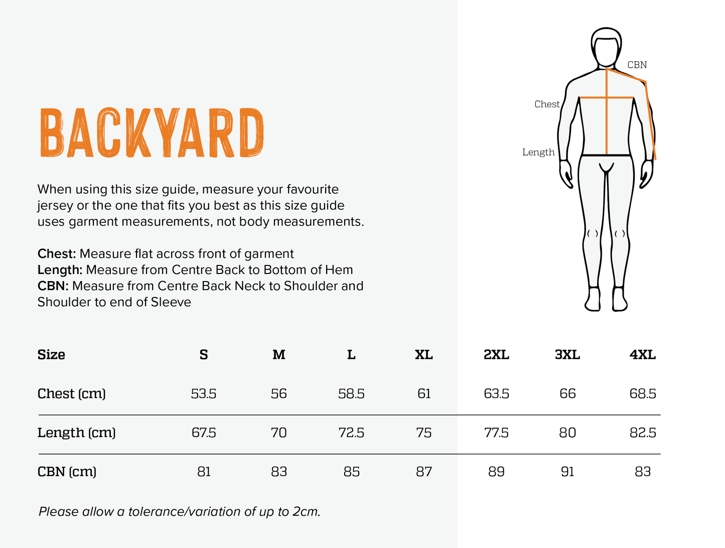 Backyard Jersey Size Guide.