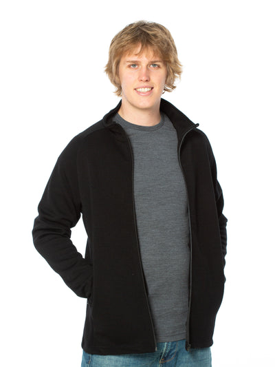 The Brass Monkeys team set out to create a range of garments that are warm, hard wearing, and most importantly gave a fair price to our Farmers. The Cape Range of products is made in NZ by passionate Kiwis using strong wool sourced from Cape Campbell Farm.  The heavy weight full zip Men's Cape Jacket has a collar, zip pockets and is made from a blend of Merino Wool and NZ Strong Wool. 420gsm. Available in black in sizes S-3XL. 