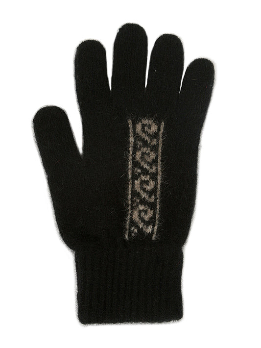 Single thickness gloves with koru motif in a contrasting colour on the back of hand. The rib cuff is elasticated, and the gloves are available in S, M or L. Made in NZ by Lothlorian. Black.