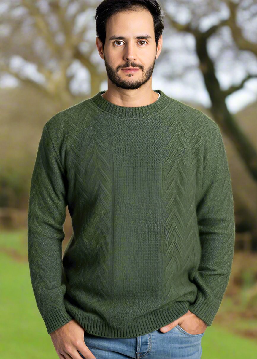 A crew neck style featuring a textured Aran pattern on the front and sleeves with a ribbed crew neckline. Made by Koru Knitwear, NZ.
