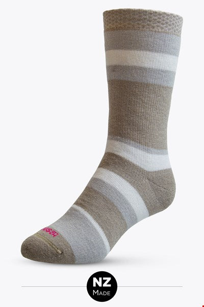 These cute socks are striped merino with loop pile cushioning for that soft, comfortable and oh so warm wearing experience. Reinforced in the heel & toe areas for durability with seamless toe closure for abrasion free comfort. Luxury! Made in Ashburton, NZ.