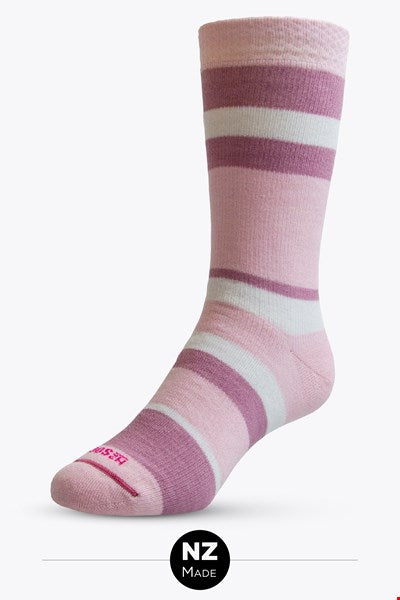 These cute socks are striped merino with loop pile cushioning for that soft, comfortable and oh so warm wearing experience. Reinforced in the heel & toe areas for durability with seamless toe closure for abrasion free comfort. Luxury! Made in Ashburton, NZ.