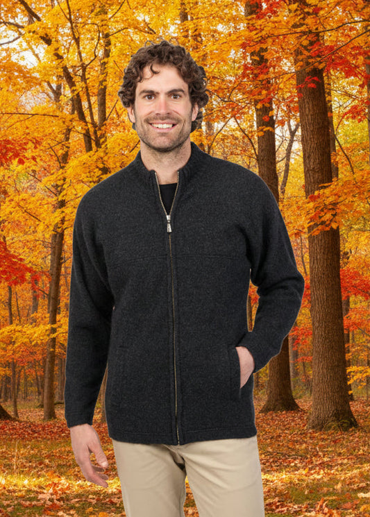This heavy weight, full zip jacket with side pockets is ideal for the cooler months of the year. The ribbed collar detail makes this garment practical both indoors and out. Pockets are lined. Made in NZ by Native World.