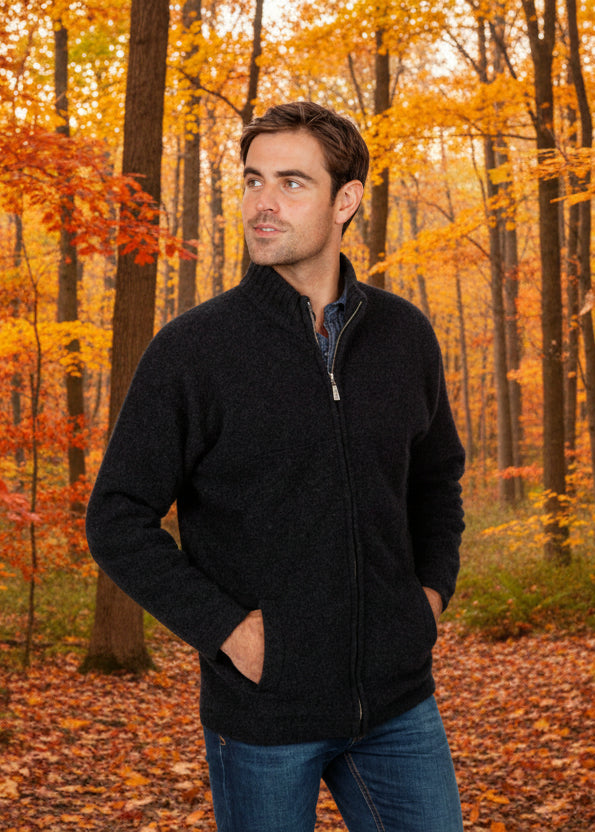 This heavy weight, full zip jacket with side pockets is ideal for the cooler months of the year. The ribbed collar detail makes this garment practical both indoors and out. Pockets are lined. Made in NZ by Native World.