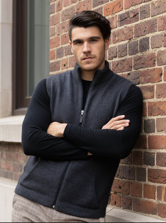 The Gilet zip through vest with integrated pockets is a perfect mid or outer layer. A regular fit in single jersey, WholeGarment seamless construction. Great for a casual look with a tee, collar & tie for work or over a jumper on those really chilly days! Made from a blend of possum merino and available sizes: S - 3XL. Made in Christchurch, NZ by Noble Wilde. 