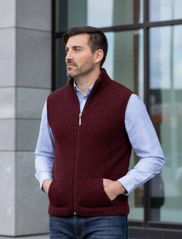 The Gilet zip through vest with integrated pockets is a perfect mid or outer layer. A regular fit in single jersey, WholeGarment seamless construction. Great for a casual look with a tee, collar & tie for work or over a jumper on those really chilly days! Made from a blend of possum merino and available sizes: S - 3XL. Made in Christchurch, NZ by Noble Wilde. 