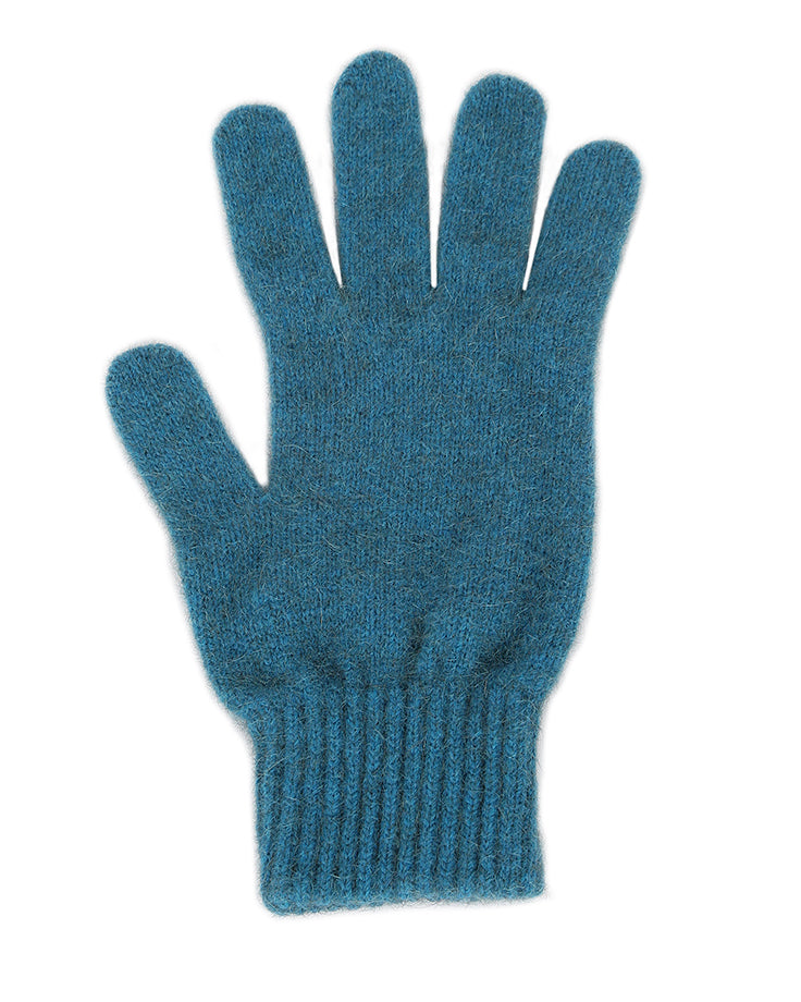 Single thickness glove with elasticated rib cuff. Available in different sizes. S, M, L. Made in NZ by Lothlorian. Teal.