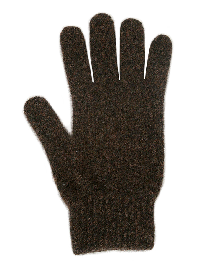 Single thickness glove with elasticated rib cuff. Available in different sizes. S, M, L. Made in NZ by Lothlorian. Brown Marl.