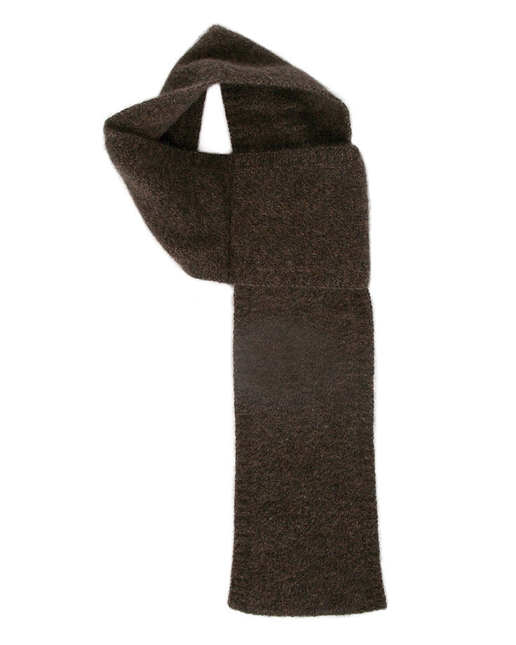 A cute little double thickness scarf using whole garment technology to create an integrated loop. Approx 14cm wide x 94cm long. Made in NZ by Lothlorian. Brown Marl.