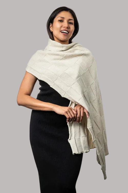 How beautiful is the Jacquard Wrap? A multi-textured design, knitted in two-tone colours with a scallop edge finish. This is the perfect accessory for daytime, a night out or a trip away. Wear it your way to suit your occasion. Luxury at its finest! Approx. 56cm wide x 200cm long. Made by Koru of NZ.