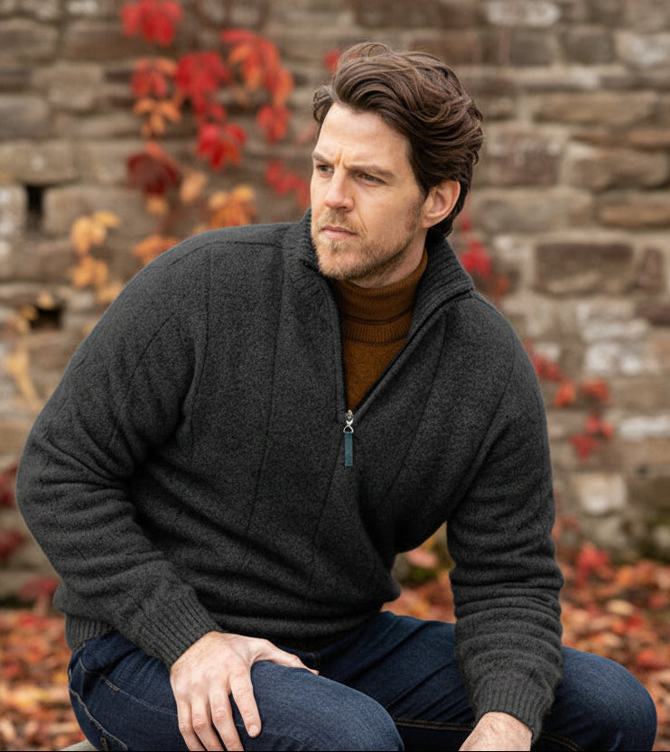 The ultimate in comfort, this style of quarter zip sweater with turndown rib collar that can be zipped right up. Single jersey knit, WholeGarment seamless construction. Made from a blend of possum merino and available sizes: S - 4XL. Made in Christchurch, NZ by Noble Wilde. Charcoal.