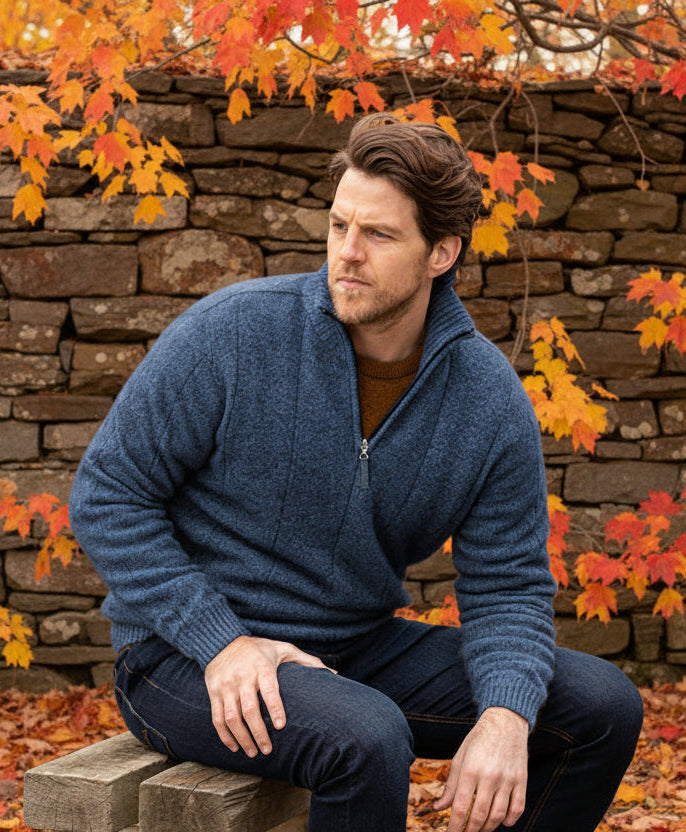 The ultimate in comfort, this style of quarter-zip sweater with turndown rib collar that can be zipped right up. Single jersey knit, WholeGarment seamless construction. Made from a blend of possum merino and available sizes: S - 4XL. Made in Christchurch, NZ by Noble Wilde. Neptune.