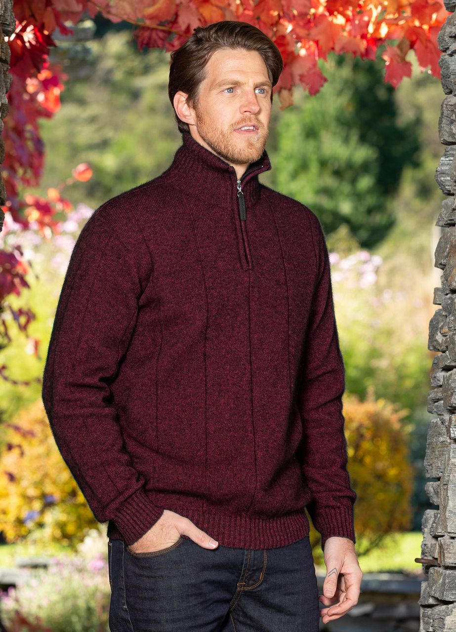 The ultimate in comfort, this style of quarter-zip sweater with turndown rib collar that can be zipped right up. Single jersey knit, WholeGarment seamless construction. Made from a blend of possum merino and available sizes: S - 4XL. Made in Christchurch, NZ by Noble Wilde. Neptune.