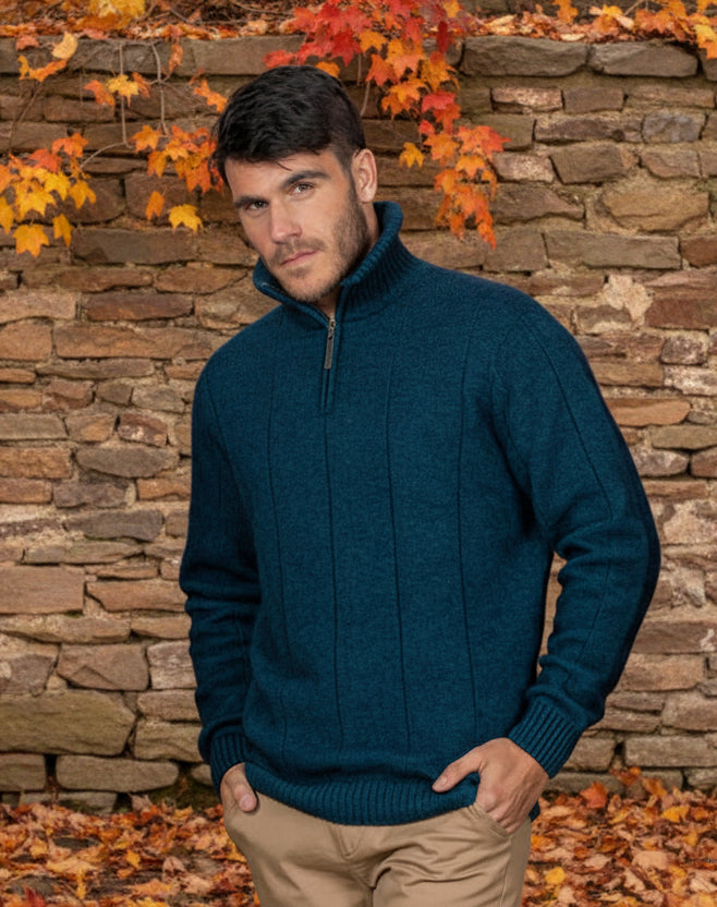 The ultimate in comfort, this style of quarter-zip sweater with turndown rib collar that can be zipped right up. Single jersey knit, WholeGarment seamless construction. Made from a blend of possum merino and available sizes: S - 4XL. Made in Christchurch, NZ by Noble Wilde. Tui.
