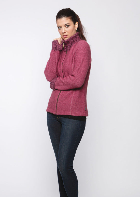 Koru's zip through jacket is stylish yet versatile. Featuring a two tone trim on the collar & cuff it is beautifully designed with side seam shaping and coverseam detailing creating a lovely, streamlined look. Available in sizes XS - 2XL. Proudly made in Warkworth, NZ. Rose/Grape.
