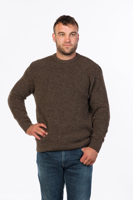 The Backyard, or some of us know it, the iconic Fisherman's Rib Jersey is a relaxed classic crew neck style, perfect for layering up underneath in the colder weather. A great everyday workwear jersey or a casual weekend piece that will always keep you warm. Made from 100% New Zealand wool, this resilient fibre ensures that this jersey keeps its easy care and quality for years! Available up to a 4XL. Made at Manawatu Knitting Mills, Palmerston North, NZ. Natural Brown.