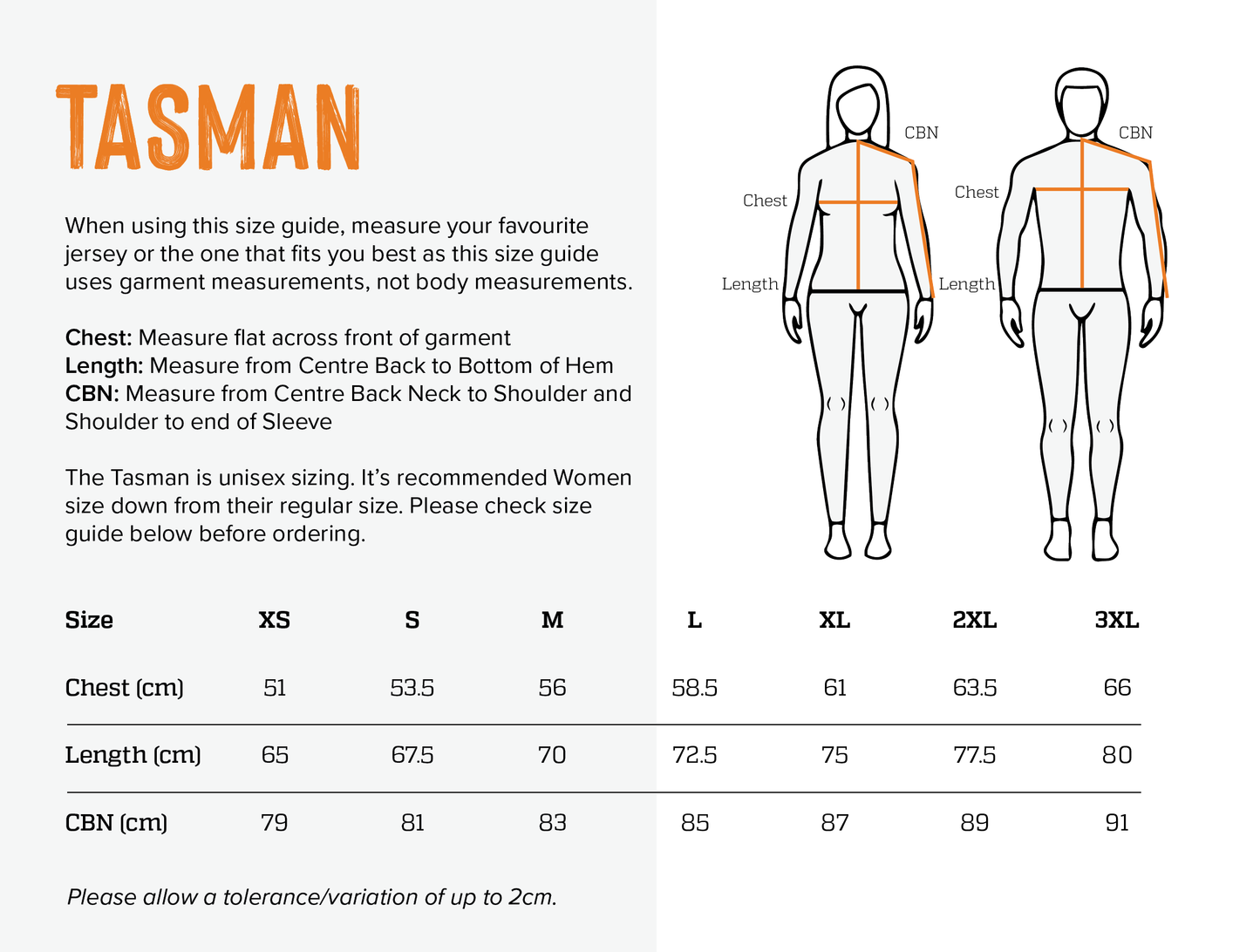 Size Chart for Tasman