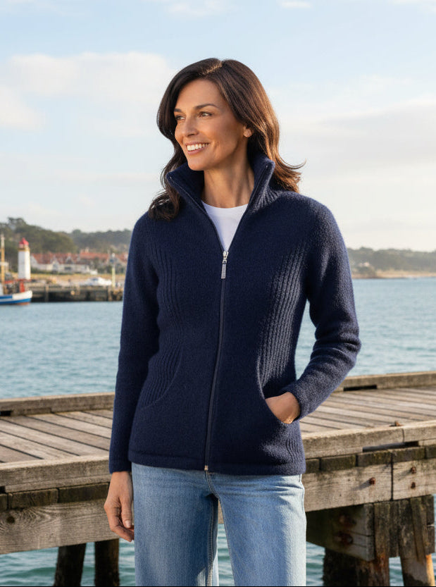 The ultimate in comfort and elegance the Market Day Jacket offers full zip and integrated pockets. The turndown rib collar that can also be zipped right up for extra warmth. Ribbed side panels add a little extra wow to an already beautiful jacket. Made in Christchurch, NZ by Noble Wilde.