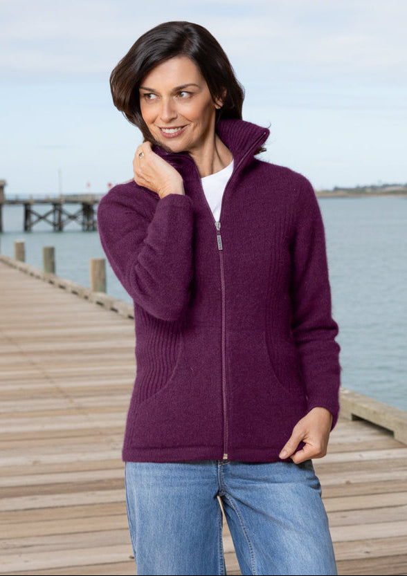 The ultimate in comfort and elegance the Market Day Jacket offers full zip and integrated pockets. The turndown rib collar that can also be zipped right up for extra warmth. Ribbed side panels add a little extra wow to an already beautiful jacket. Made in Christchurch, NZ by Noble Wilde.