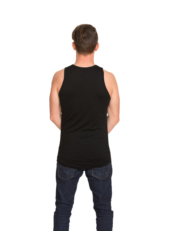 Designed with a lower round neck this merino singlet is discreet under any top in black or ivory white. Tuck in the shaped tail at the back for extra warmth. This is a slim fit base layer. Sizes S - 3XL. Proudly made in NZ. Black.