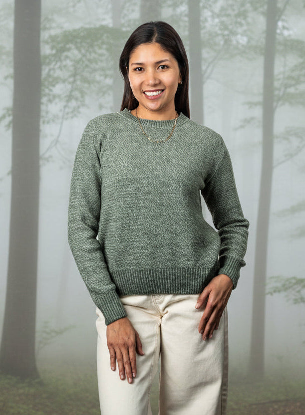 This new jumper from Koru is a cosy crew neck that is perfect for winter layering or worn as a trans-seasonal piece. Knitted with two different coloured yarns it creates a beautiful, marled effect. In sizes S-2XL. Made from possum, merino and silk it is wonderfully soft. Made in NZ by Koru Knitwear.