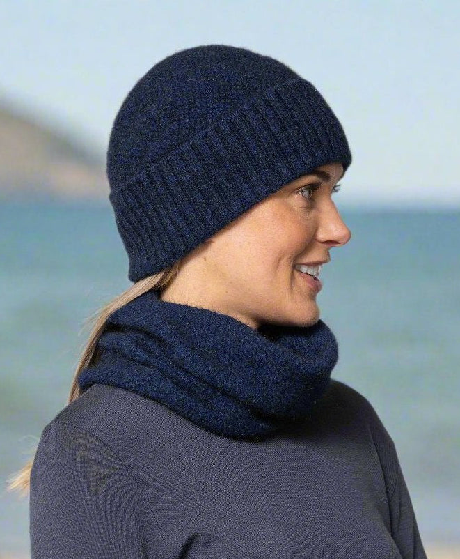 This very cool baggie beanie is knitted in a moss stitch with a rib band that can be worn as is or folded back. Made from a blend of possum merino it will keep you warm as well as looking stylish! Available in one size only. Made in Christchurch, NZ by Noble Wilde.